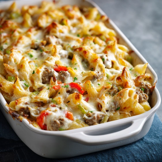A white bowl filled with pasta and meat.
