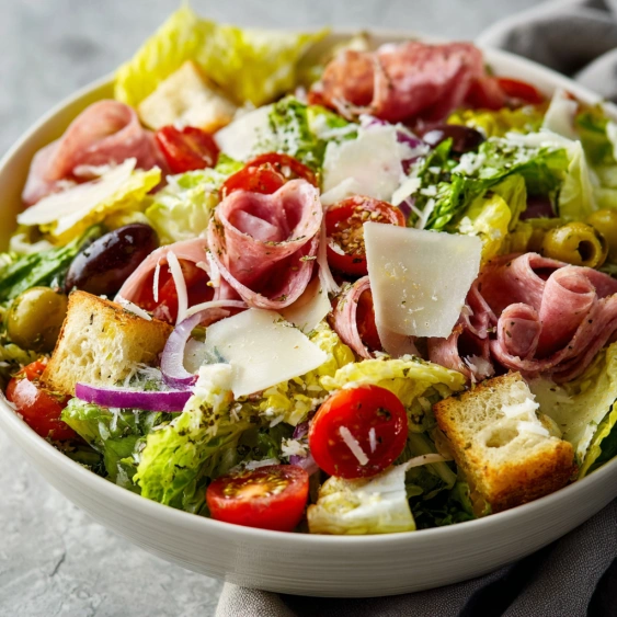 A salad with ham, cheese, and tomatoes.