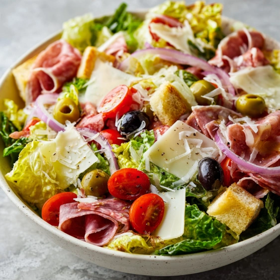 A salad with lettuce, tomatoes, olives, ham, and cheese.