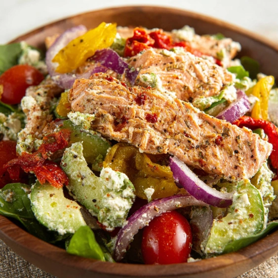 A bowl of salad with fish and vegetables.