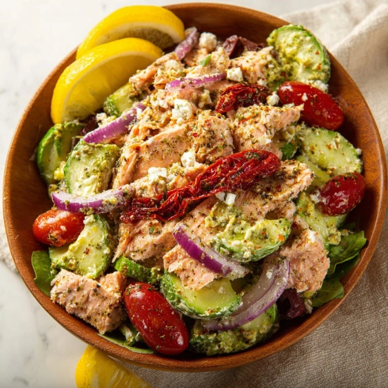 A bowl of salad with chicken, tomatoes, cucumbers, and lemon.