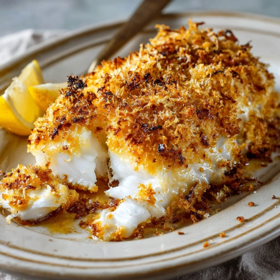 A plate of fish with a lemon wedge on the side.