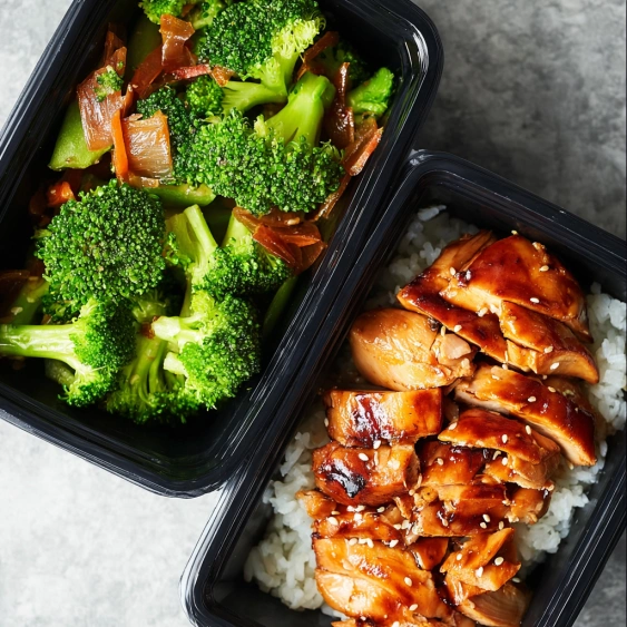 A container of rice and a container of broccoli.