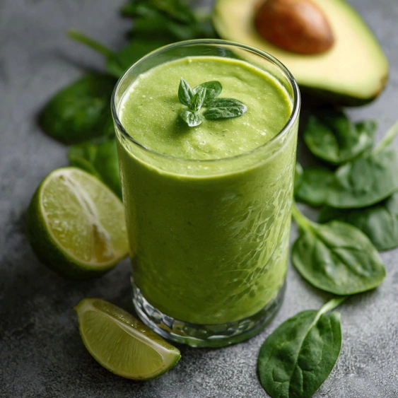 A glass of green smoothie with a lime wedge on the side.