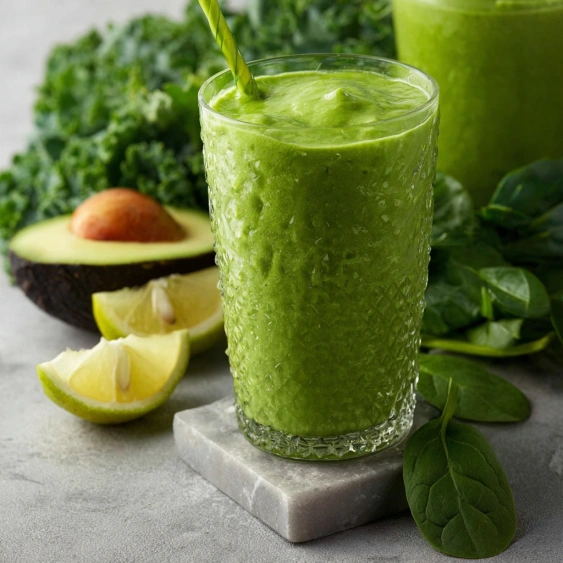 A glass of green smoothie with a straw.