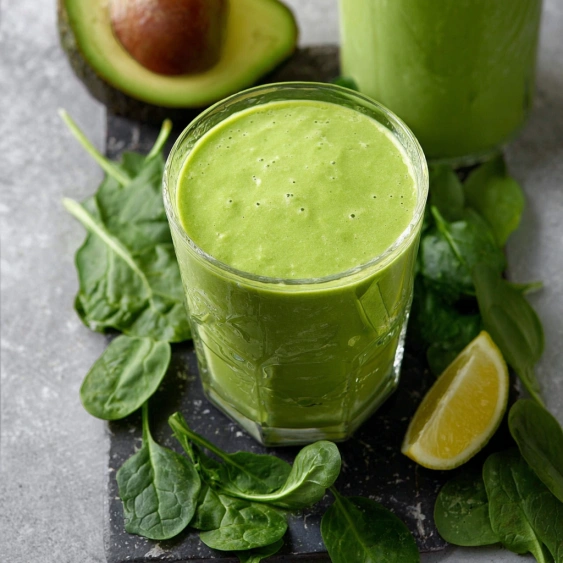 A glass of green smoothie with a slice of avocado on top.