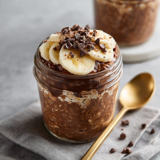 A glass jar filled with banana and chocolate.