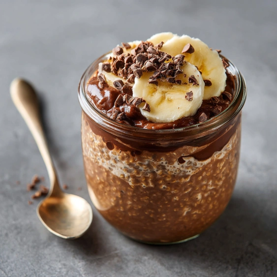 A glass of chocolate ice cream with bananas on top.