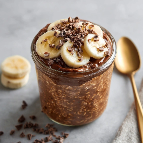 A banana and chocolate dessert in a jar.