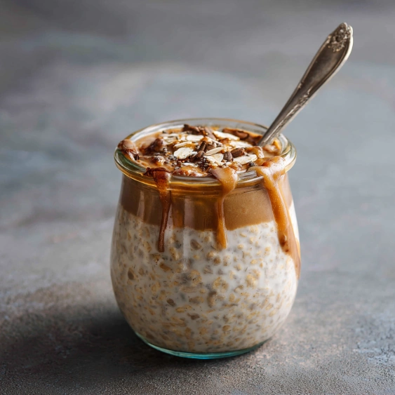 A glass jar of yogurt with a spoon in it.