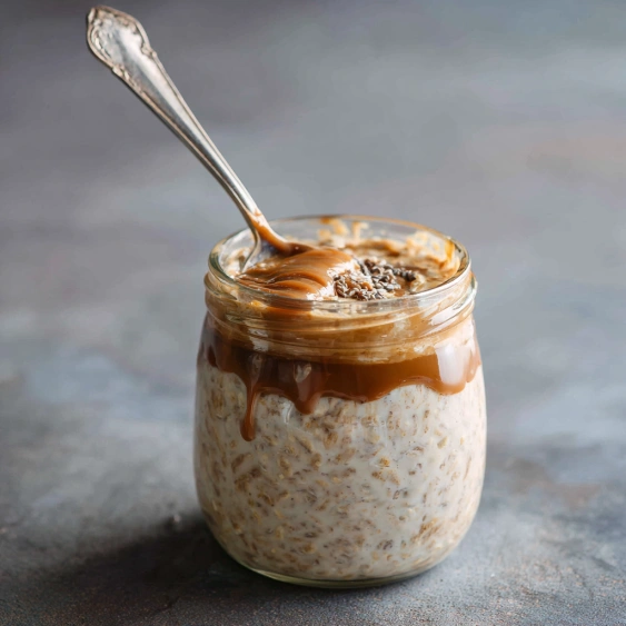 A jar of food with a spoon in it.