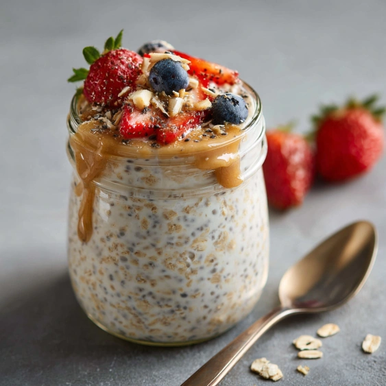 A jar of granola with strawberries and blueberries.