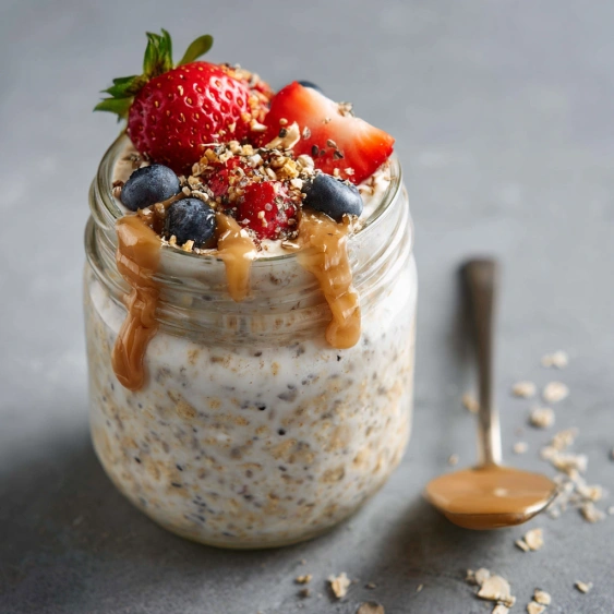 A jar of granola with strawberries and blueberries.