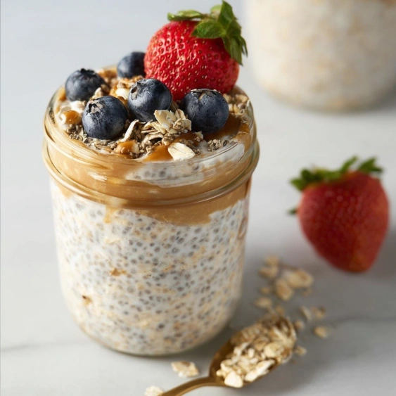 A jar of granola with strawberries and blueberries on top.