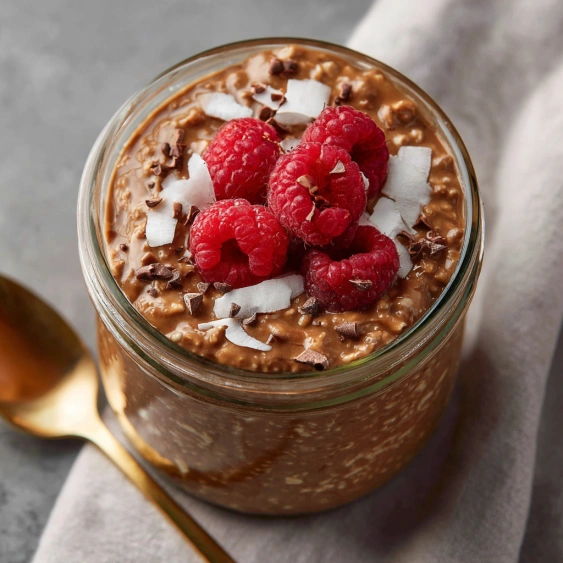 A glass bowl filled with chocolate and raspberries.