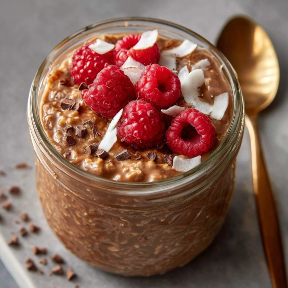 A glass of chocolate and raspberry yogurt.
