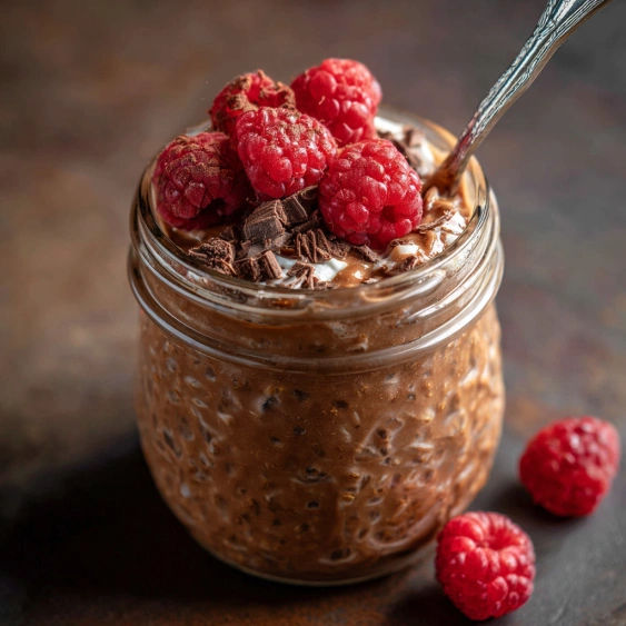 A jar of chocolate pudding with raspberries on top.
