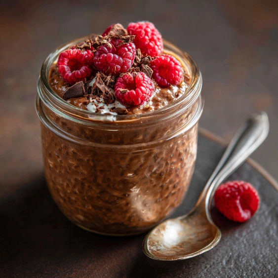 A glass jar of chocolate and raspberry dessert.