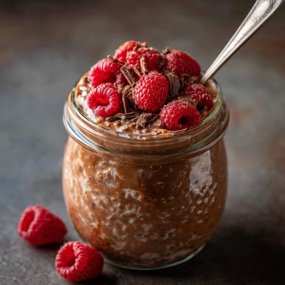 A glass jar of chocolate and raspberry dessert.