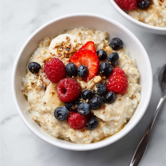 A bowl of oatmeal with berries and bananas.