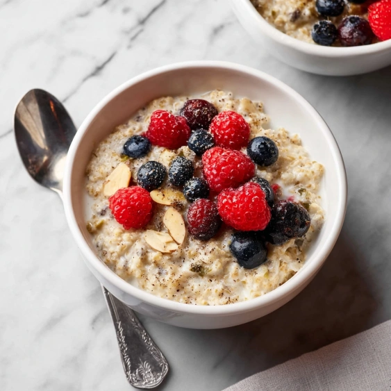 A bowl of cereal with berries and nuts.