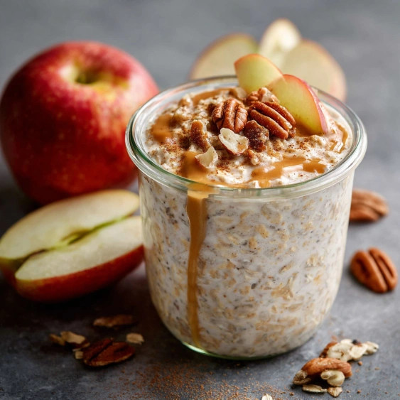A glass of oatmeal with nuts and apples.