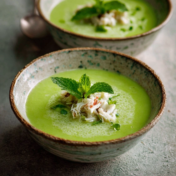 Two bowls of soup with green toppings.