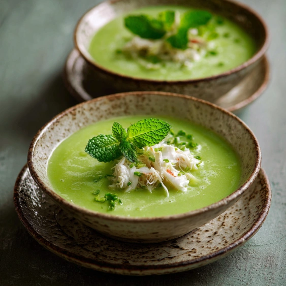 Two bowls of soup with mint leaves on top.