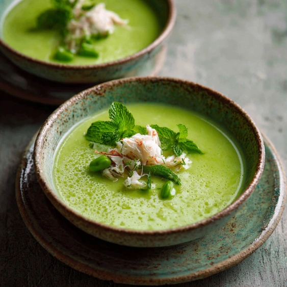 Two bowls of soup with green vegetables.