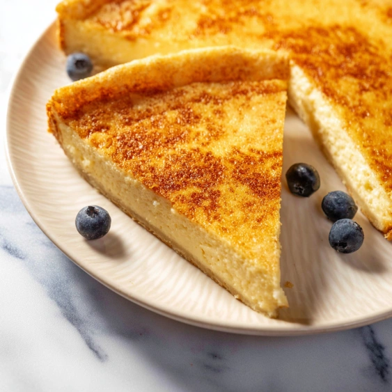 A slice of French toast with blueberries on a plate.