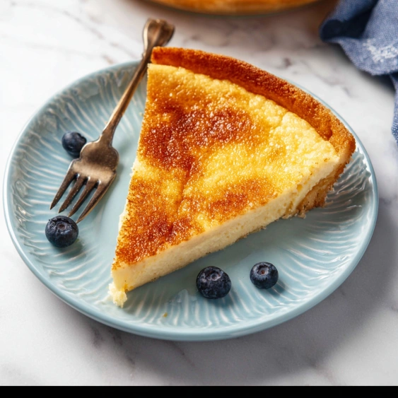 A slice of blueberry cheesecake on a blue plate.