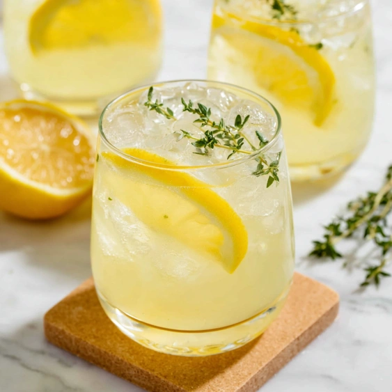 A glass of lemonade with lemon slices on the side.