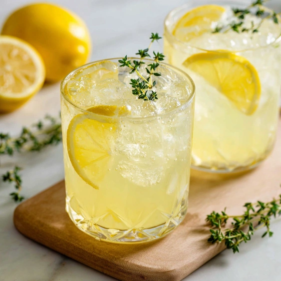 Two glasses of lemonade with lemon slices in them.