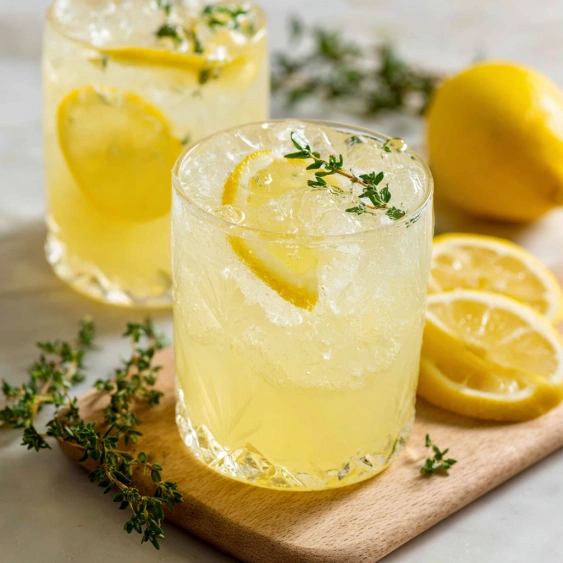 Two glasses of lemonade with lemon slices in them.