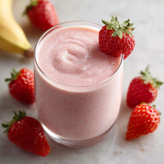 A glass of strawberry milk with strawberries on the side.