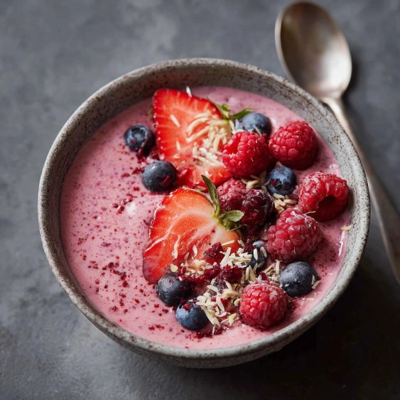 A bowl of berries and cream.