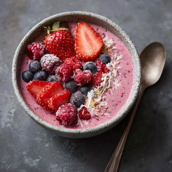 A bowl of fruit with strawberries, raspberries, and blueberries.