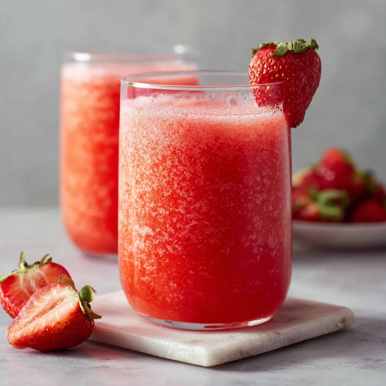 Two glasses of red juice with strawberries.