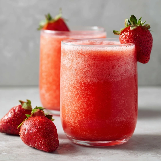 Two glasses of red juice with strawberries in them.