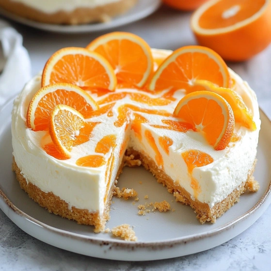 A slice of orange cheesecake with orange slices on top.