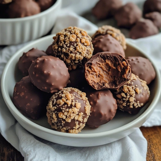 A bowl of chocolate balls with nuts.