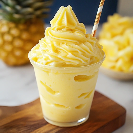 A cup of yellow frosting with a pineapple on top.