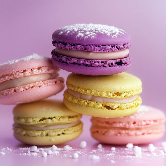 A stack of macaroons with white powder on top.