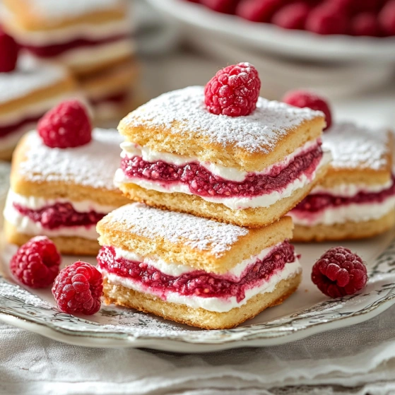 A plate of raspberry cake with white frosting.