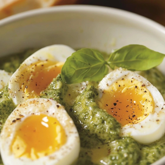 A bowl of food with eggs and spinach.