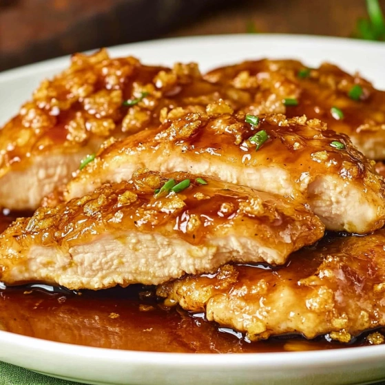 A plate of chicken with sauce.