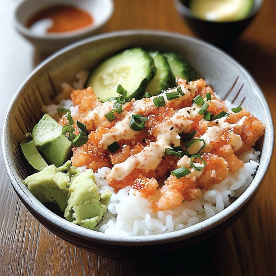 A bowl of food with rice, avocado, and cucumber.