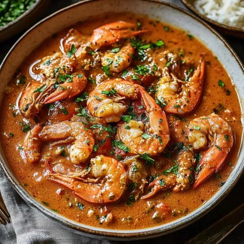 A bowl of shrimp and sauce.