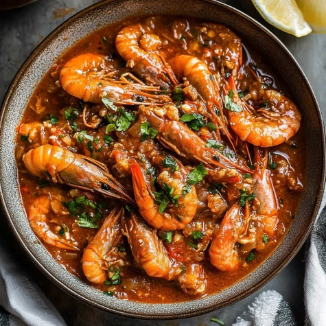 A bowl of shrimp with a lemon wedge on the side.