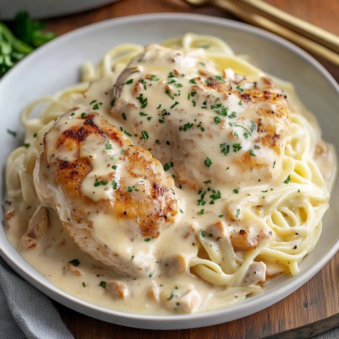 A plate of chicken and noodles.